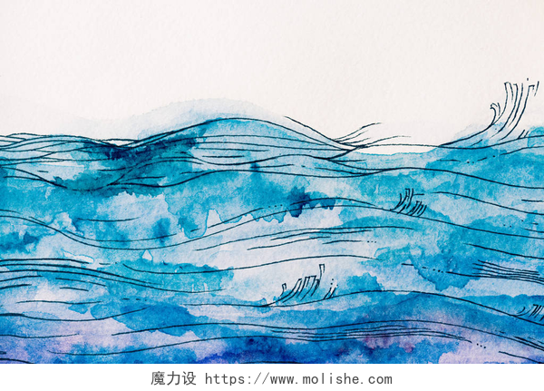 白色背景的绘画的海浪白色背景下蓝色水彩颜料制作的海浪